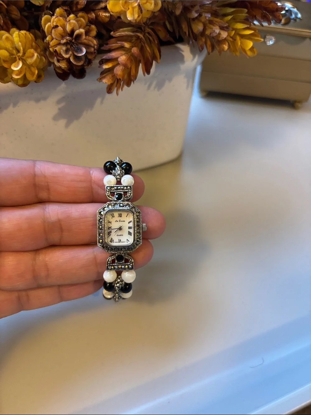 Beaded Black & White Bracelet Watch - Classic Two-Tone Women’s Accessory